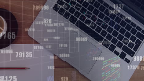 animación de números cambiantes, procesamiento de datos del mercado de valores en primer plano de computadora portátil y taza de café
