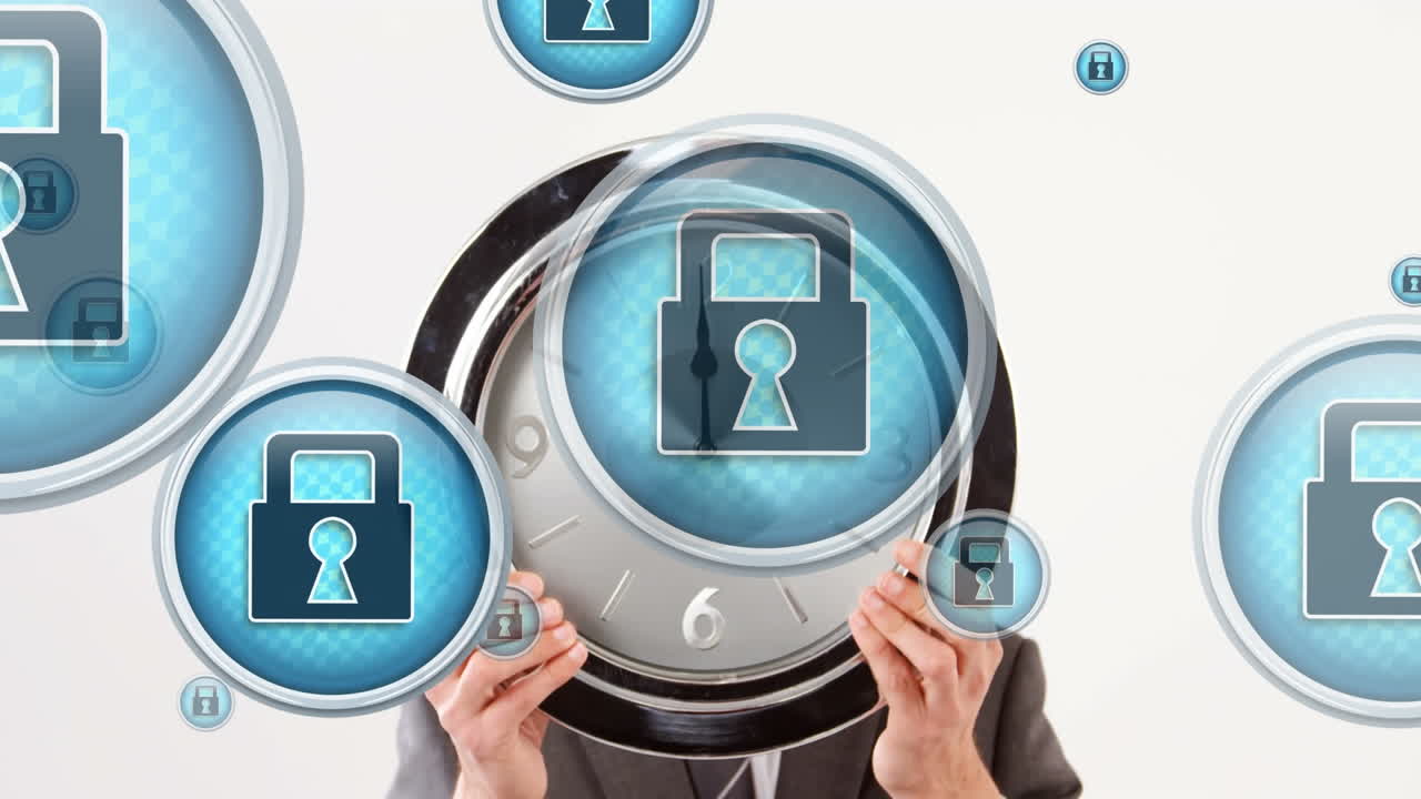 animación de iconos de candados sobre un hombre caucásico sosteniendo un reloj en fondo blanco