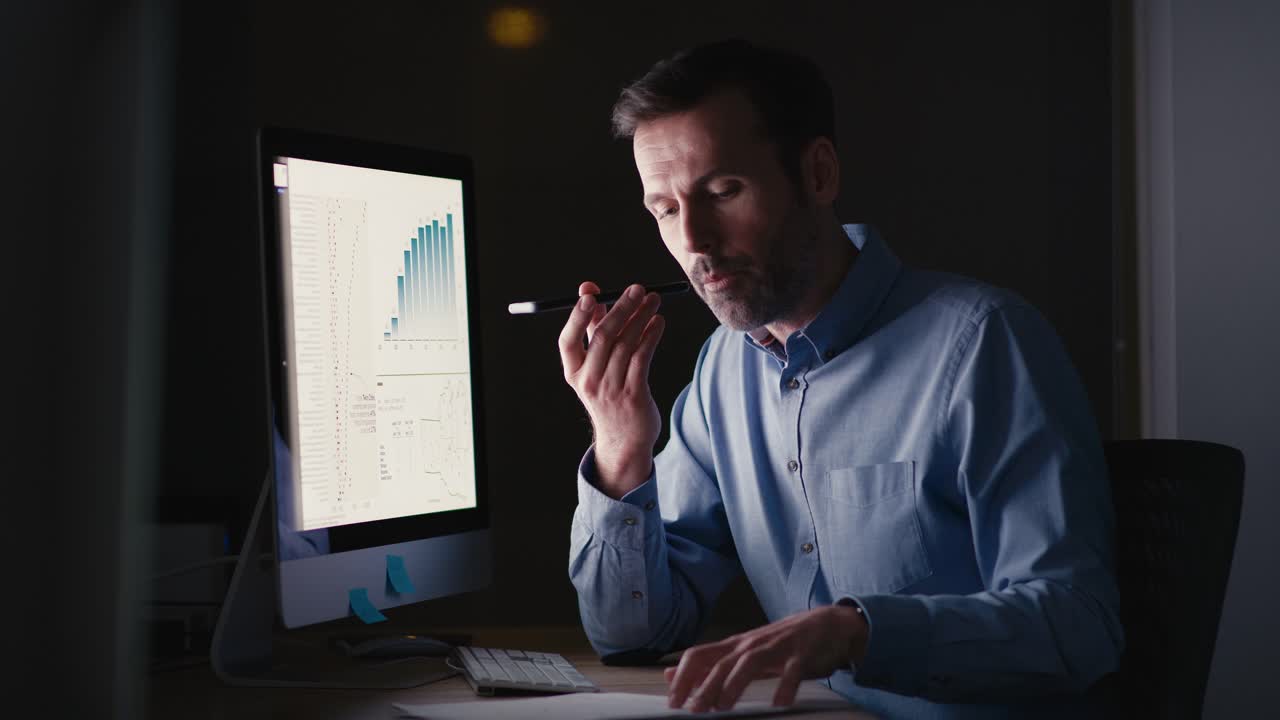 hombre caucásico hablando por teléfono móvil en la oficina en la noche.