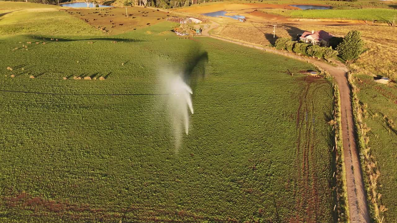 fotografía aérea del proceso de riego en un campo agrícola en tasmania durante el calor