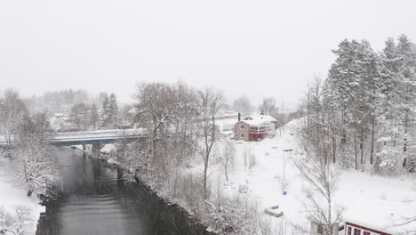 drone shot of a small village in a winter forest nature