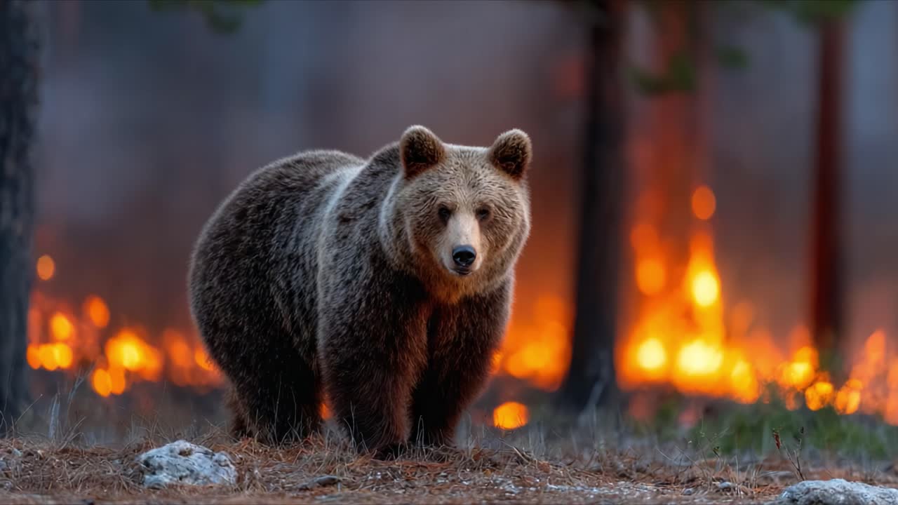 En grizzlybjørn står robust midt i en bakgrunn av flammer, som symboliserer kampen for overlevelse i møte med miljøutfordringer og naturkatastrofer