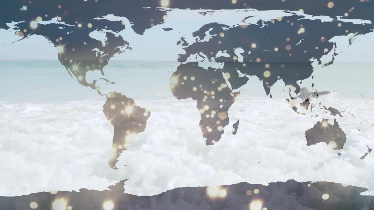 Animation starting transparent map overlay emergence on beach, showing finance data pulsing light