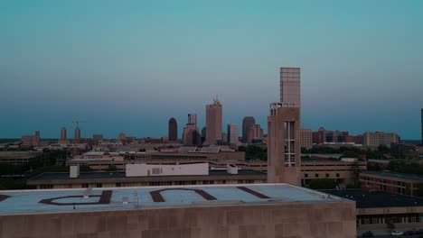 Drone-shot-flying-over-Indianapolis-city-and-IUPUI-university-in-America