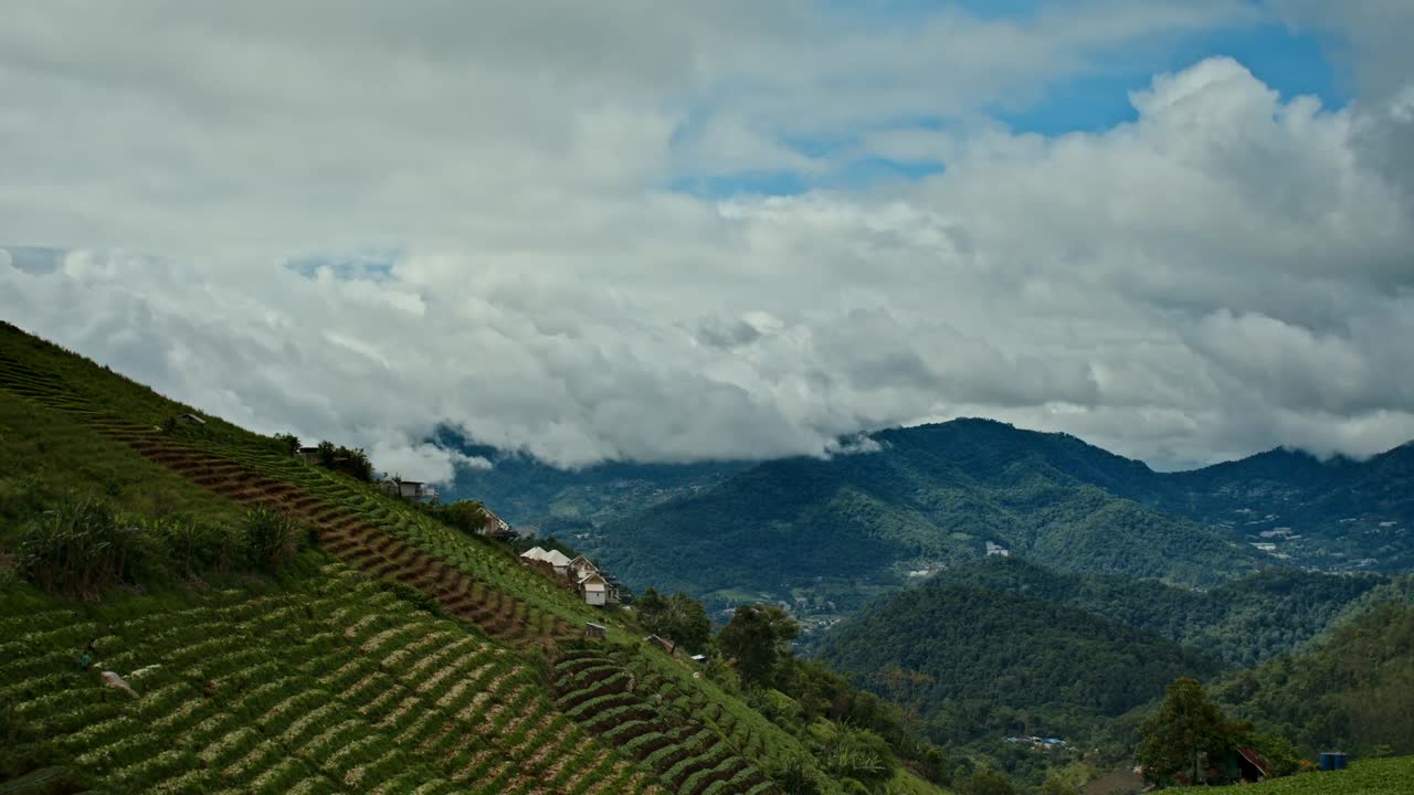 Cloudy Mountain Landscape with Terraced Fields