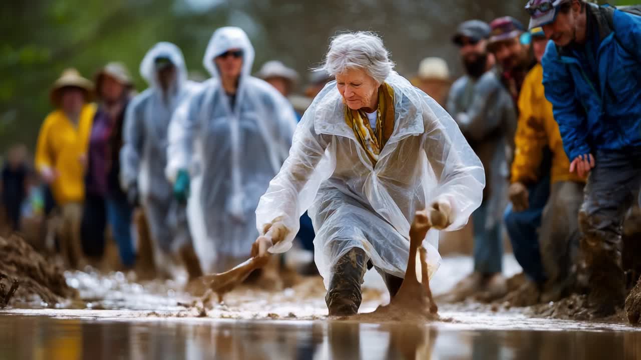 Group of individuals working together in rain gear, wading through muddy water while actively participating in a collaborative effort, showcasing determination and teamwork in challenging conditions