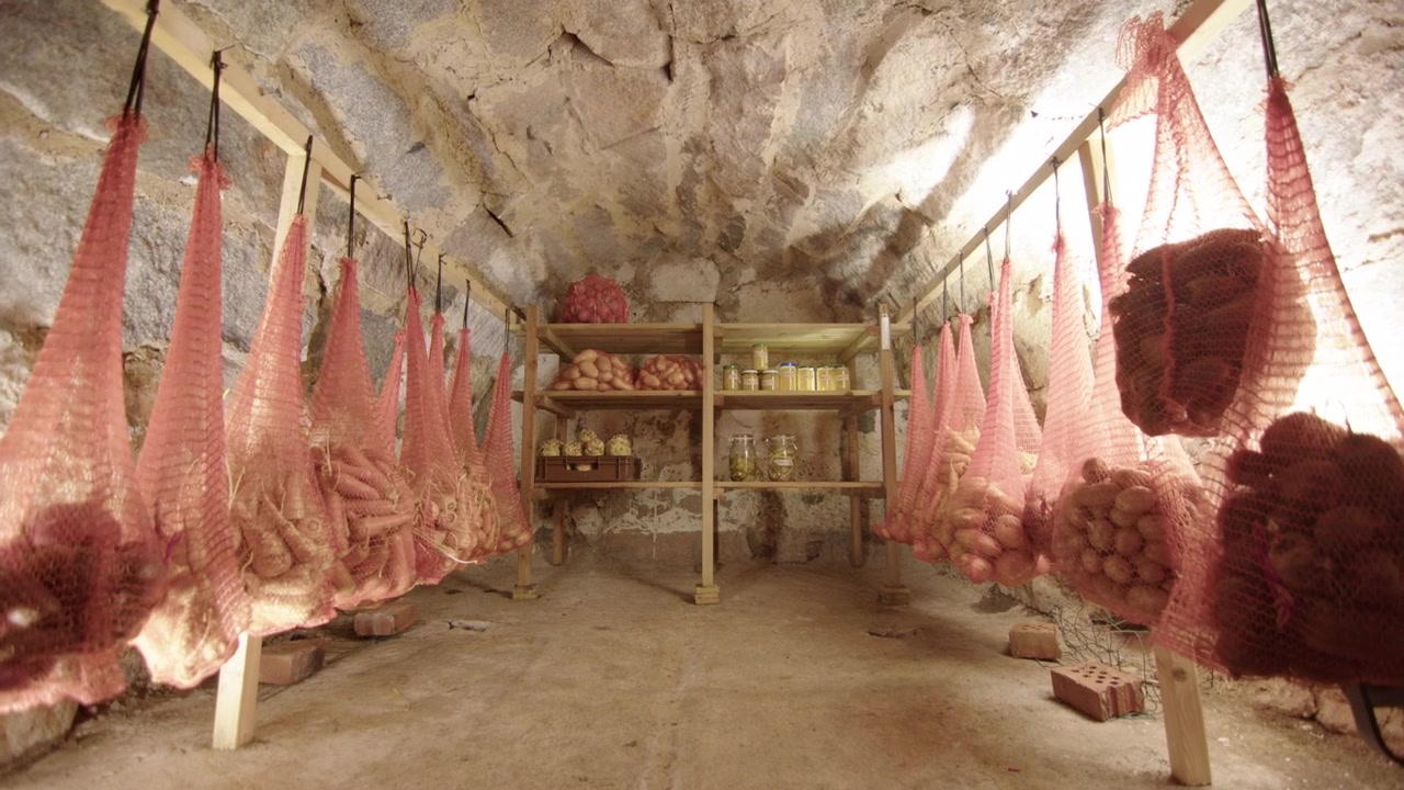 Mulher guarda vegetais e retira alimentos de uma fria adega subterrânea de terra