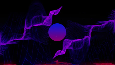 formas púrpuras que crecen sobre esfera púrpura y azul en fondo negro con cuadrícula azul debajo