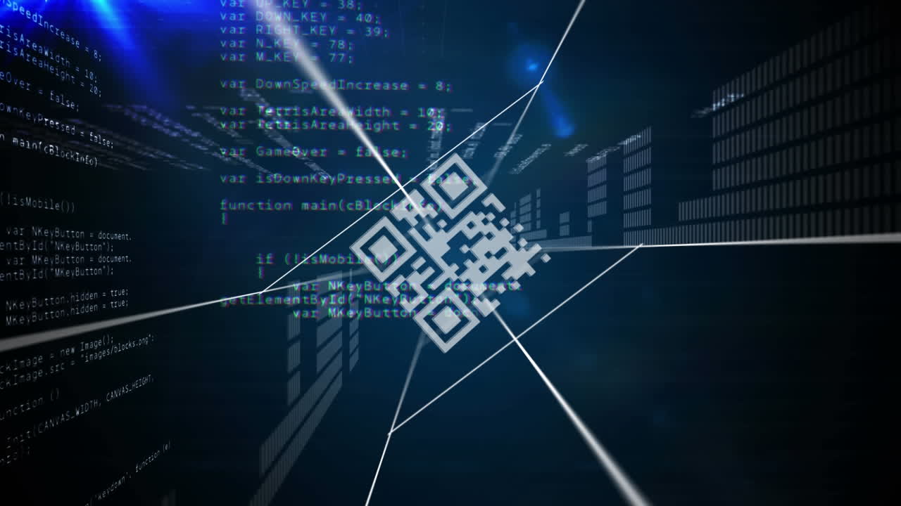 escáner de código qr y red de conexiones contra el procesamiento de datos en fondo azul
