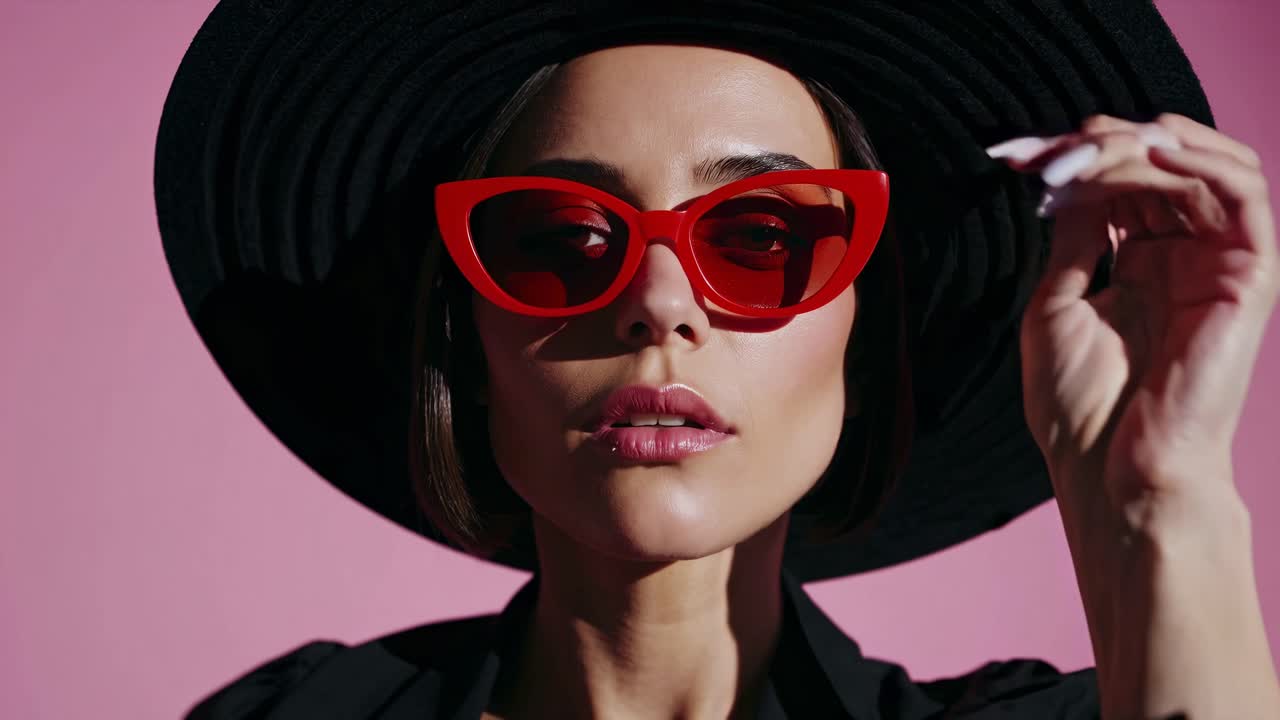 Stylish Woman in Black Hat and Red Sunglasses