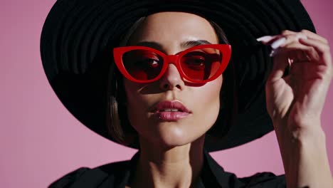 stylish woman in black hat and red sunglasses