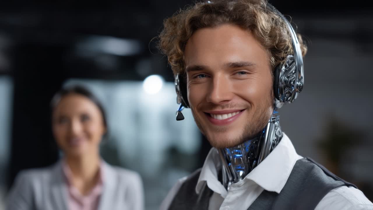 En humanoid robot med en vennlig fremtoning deltar i samtale mens den bærer et hodesett i et moderne kontormiljø sammen med en kollega