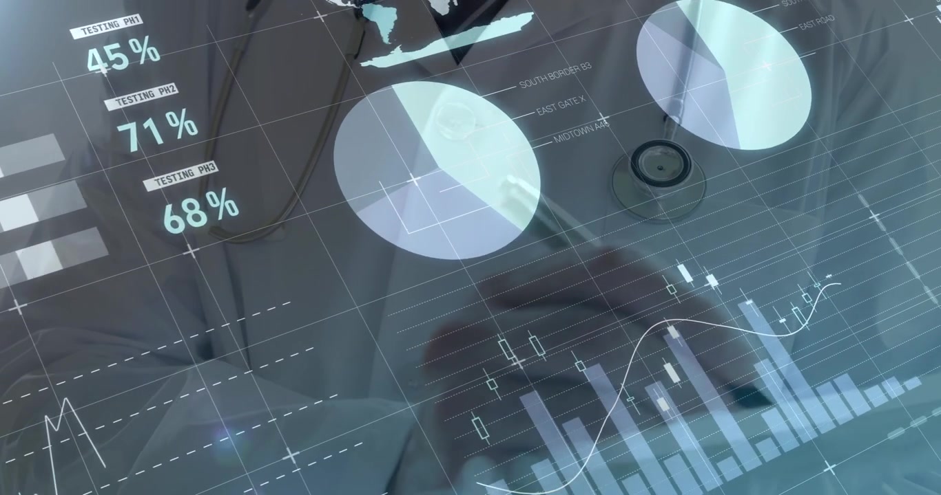 Animation of financial data over hands of caucasian male doctor writing