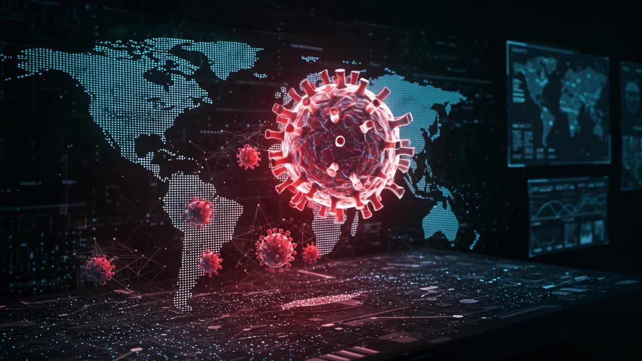 A captivating visual representation showcases global pandemic data, featuring a detailed 3D model of a virus alongside an interactive digital world map