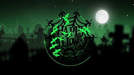 animación de feliz halloween, red de arañas, murciélagos y cementerio sobre fondo verde