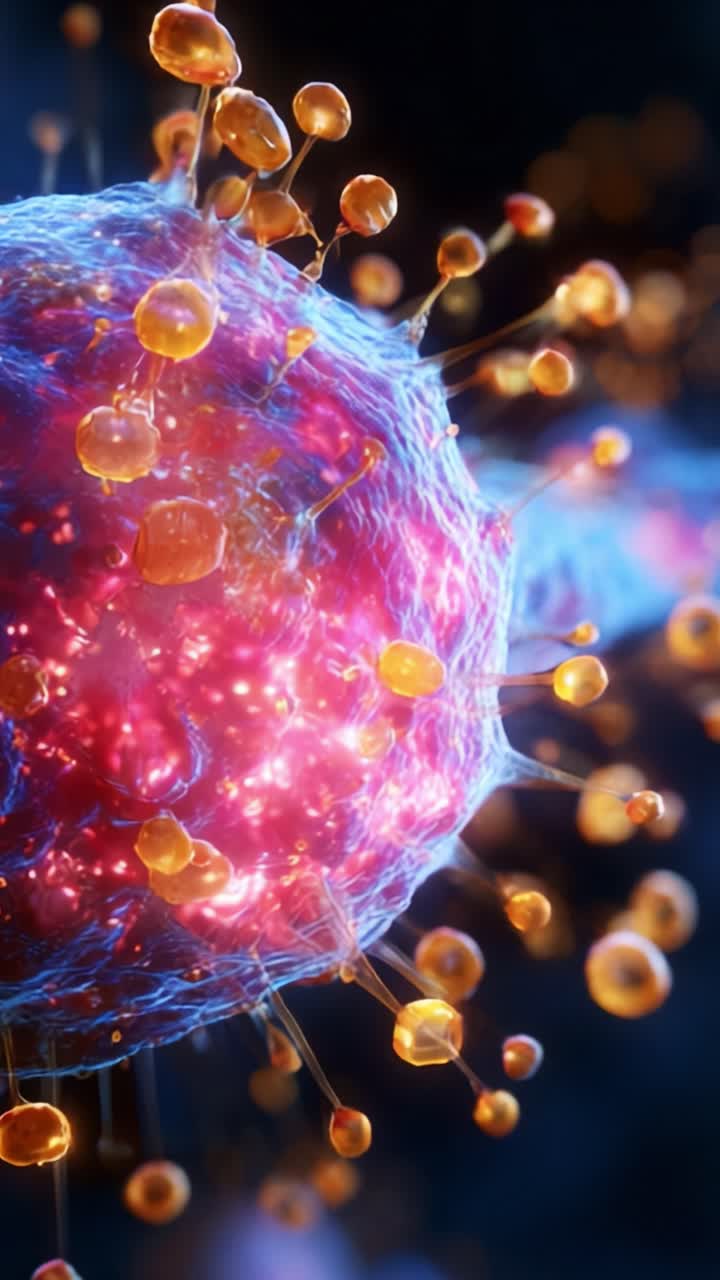 Splendido primo piano di una cellula colorata che rappresenta la struttura biologica, evidenziando i dettagli intricati della membrana e degli organelli in una vivace visualizzazione microscopica