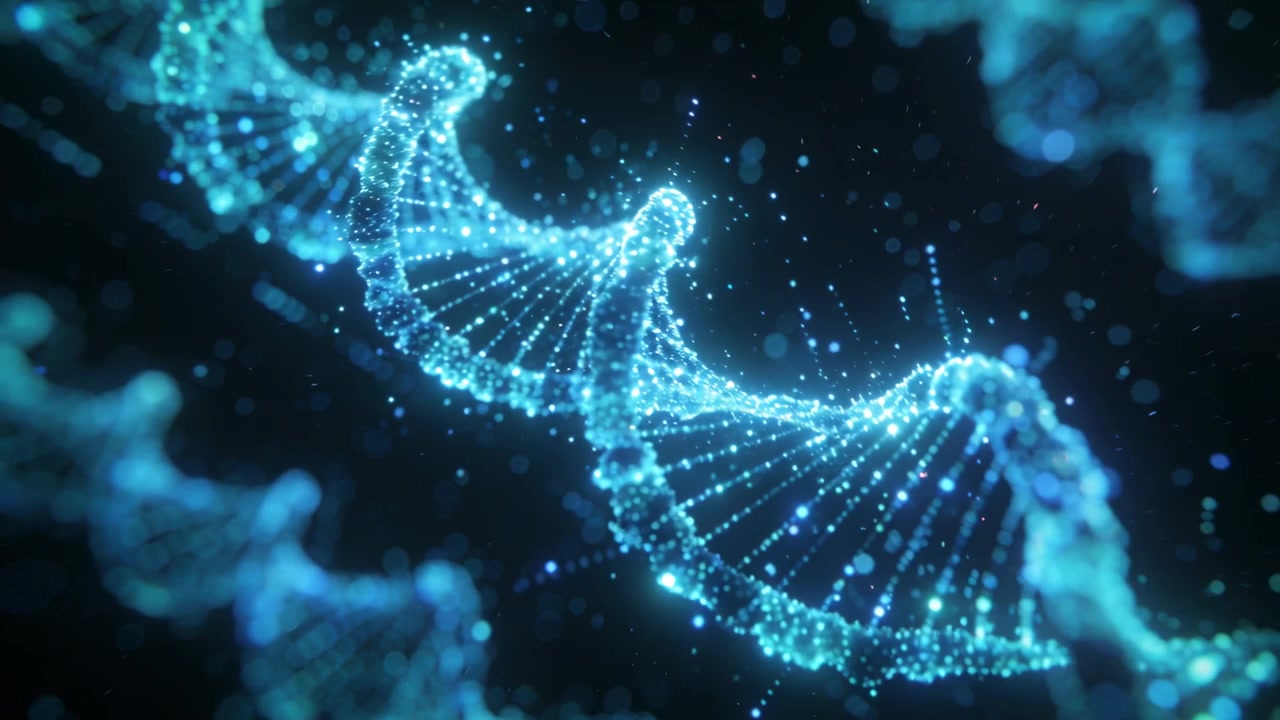 Elica di DNA luminosa che ruota e ondeggia in un campo scuro mentre la telecamera si avvicina, rivelando i nodi.