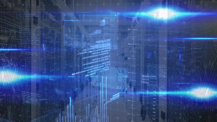 Animation of data processing and lights over servers