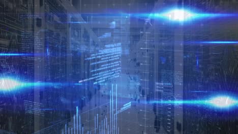 Animation of data processing and lights over servers