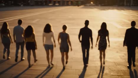 a group of individuals walking together at sunset, casting long shadows on the ground, symbolizing unity and progress in a beautiful urban setting