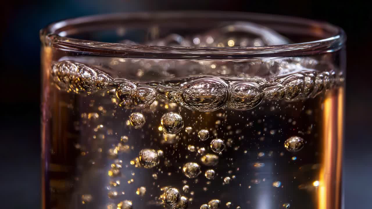 Accattivante primo piano di bolle che salgono in un bicchiere di liquido frizzante, che mette in risalto i dettagli intricati e le texture della carbonatazione e dei riflessi