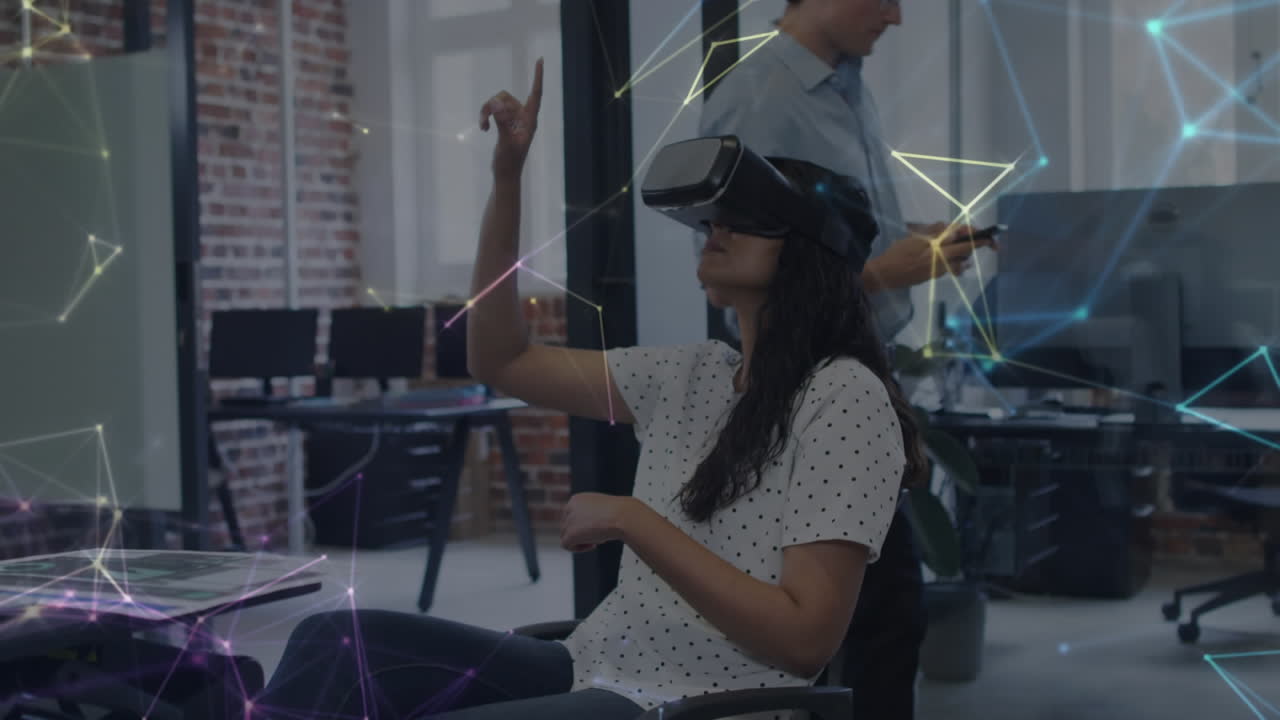 Digital composite video of network of connections against indian woman using vr headset at office