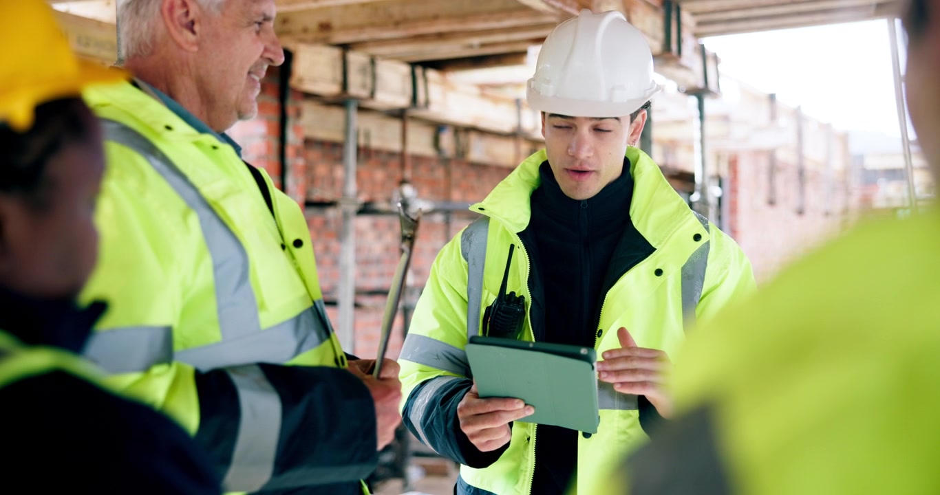 Team di costruzione che discute i piani del progetto su tablet nel cantiere