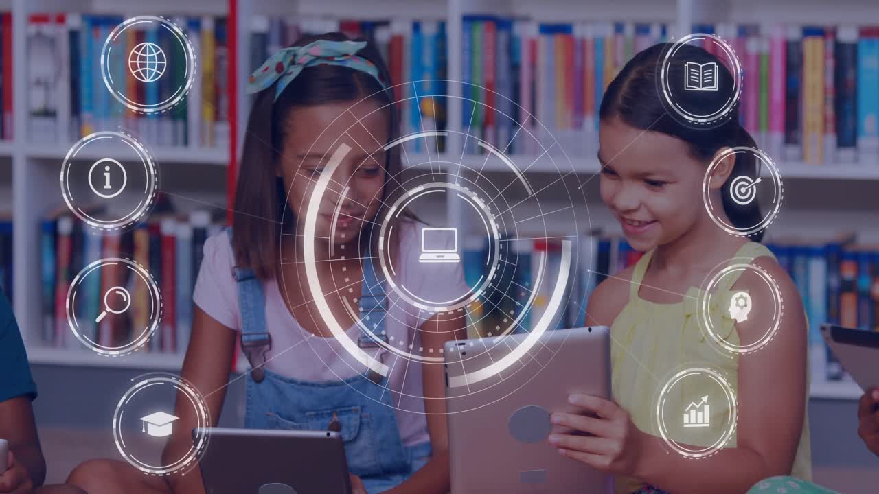 Two students tapping tablets in front of bookshelf, HUD appearing, linking devices for learning