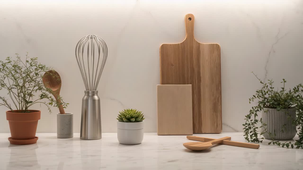 Pulling camera reframing at marble counter arrangement, emphasizing cutting board, whisk and spoons