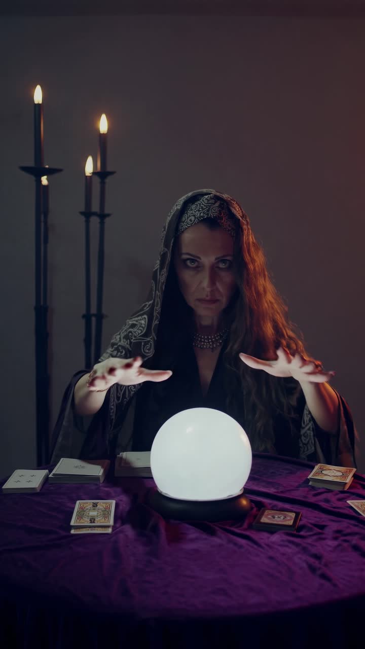 Mystical video scene with a medium in dim light, shot from a front angle