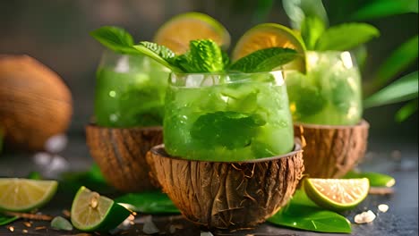 refreshing green cocktails in coconut shells with lime and mint