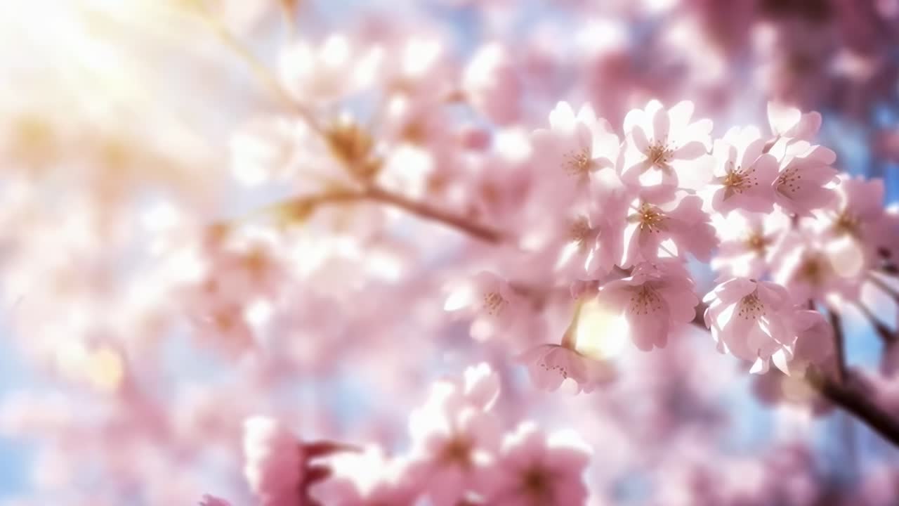 Close-up video of cherry blossoms with sunlight, captured from a low angle, dreamy style