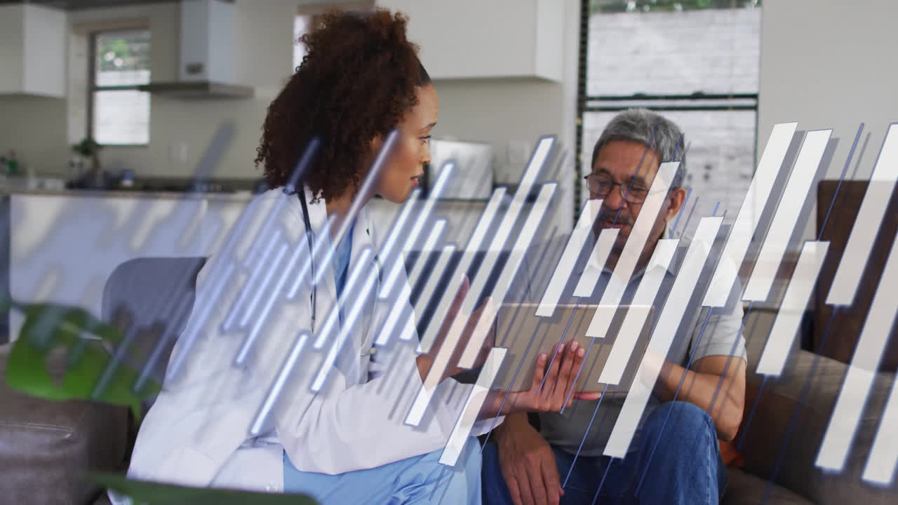 female doctor and male patient discussing tablet content in modern home, with animated health chart