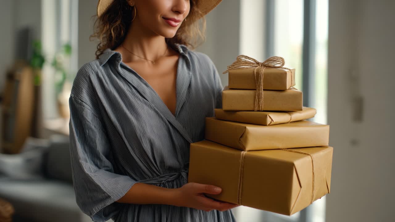 Gift Giving Celebrations: A Stylish Woman Delivers Elegant Wrapped Presents in a Cozy Interior with Natural Light Surrounding Her Modern Space