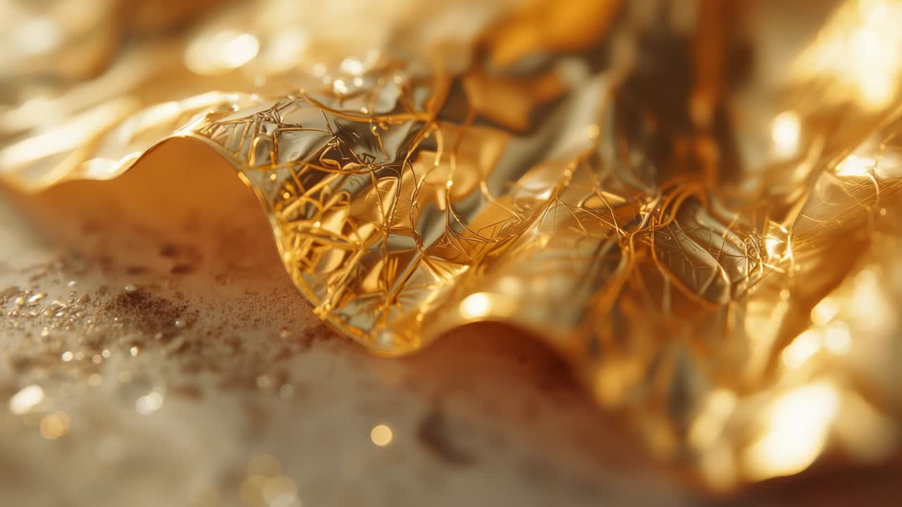Rippling wave rising from golden foil edge moving across crinkled foil on sand glints shimmering