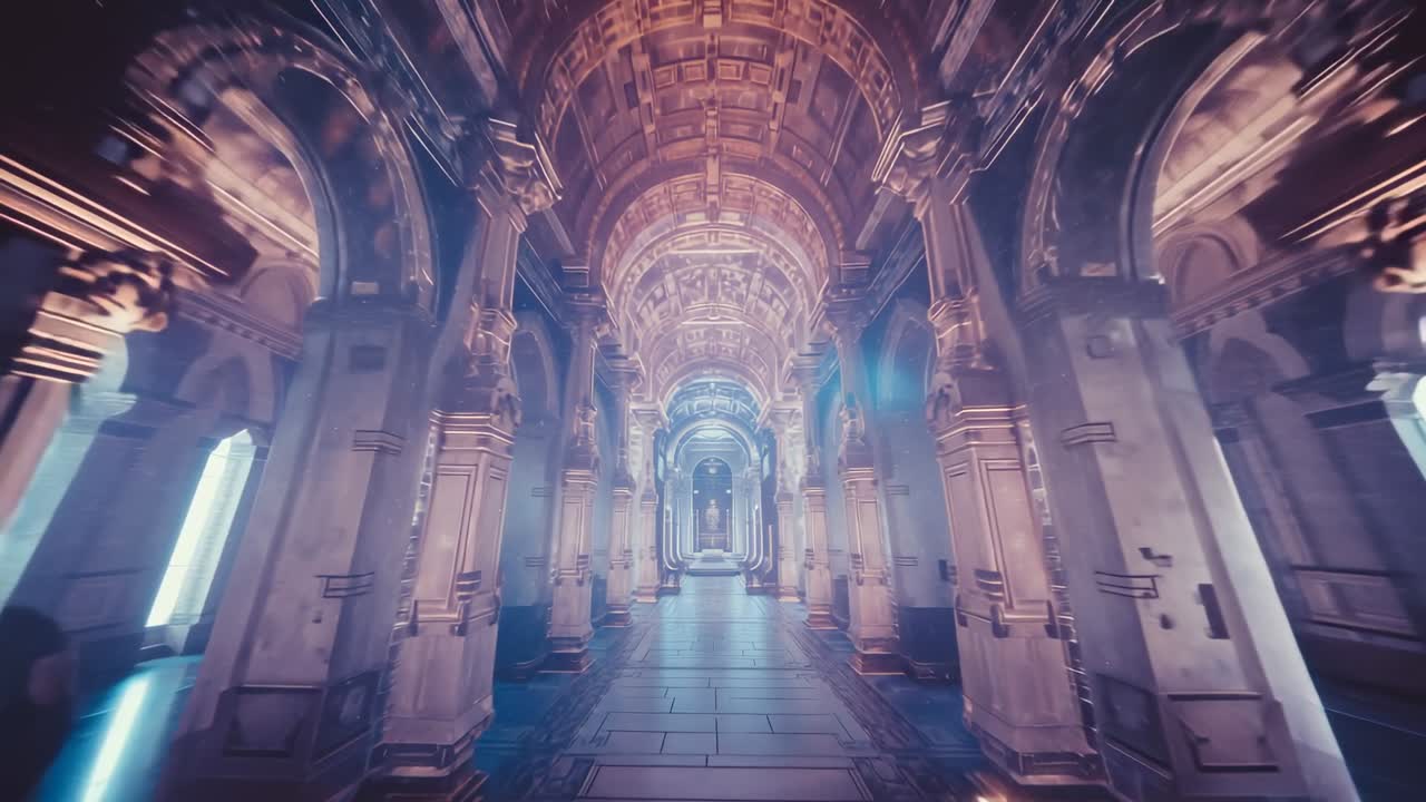Starting at entrance camera gliding through ornate hall, with columns, windows and gilded ceiling