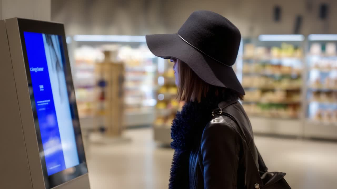A woman in a stylish black hat interacts with a digital display, showcasing technology and modern lifestyle in a bright, well-stocked retail environment focused on customer engagement