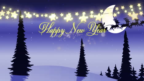 animation of starry sky with silhouetted trees and reindeer sleigh, happy new year
