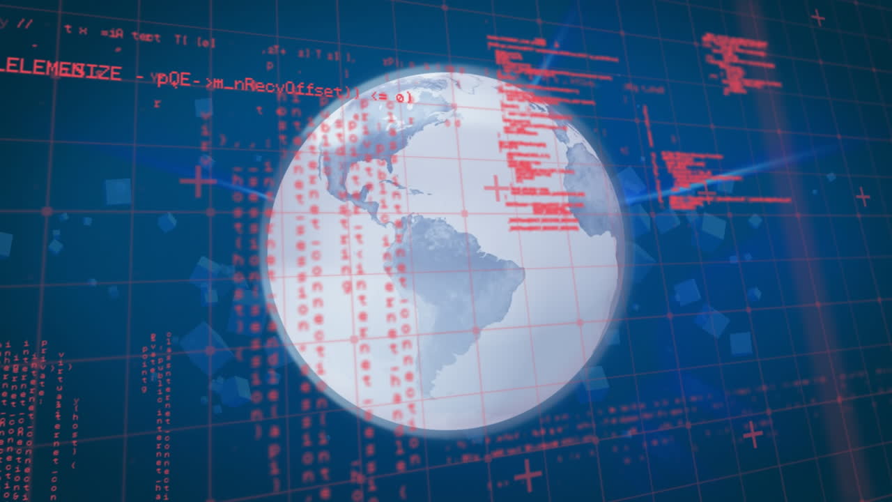animación de pantalla digital azul con datos y globo