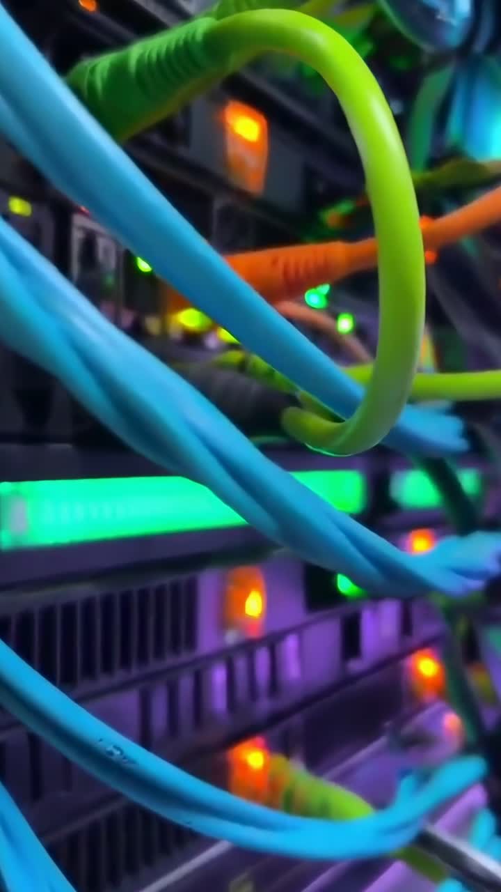 Close-up video of colorful network cables in a server room, shot from a low angle