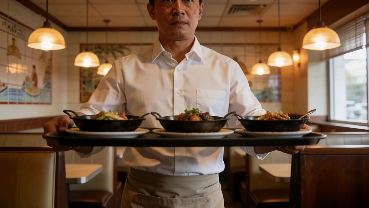 Cameriere Asiatico in Camicia Bianca e Grembiule Marrone che Cammina con un Vassoio con Tre Padelle Servendo al Tavolo