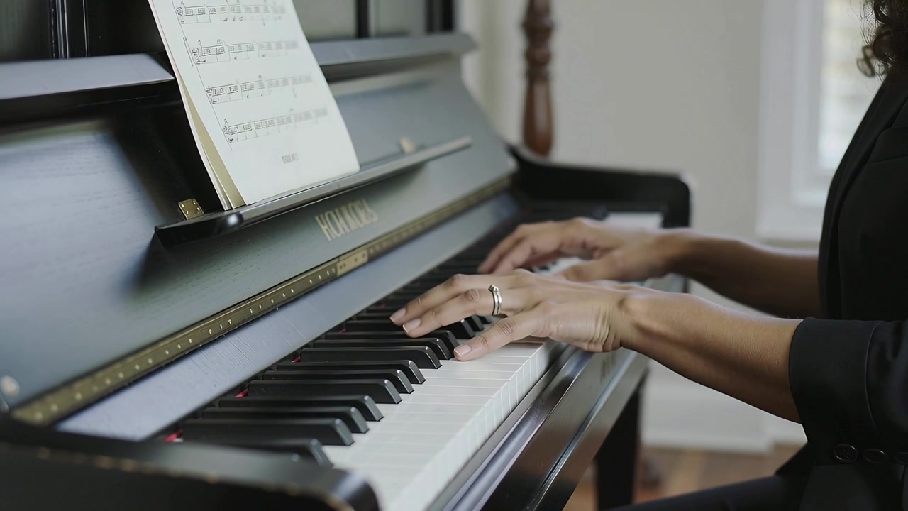 Starting from hands resting, pianist in blazer playing piano at home reading sheet music