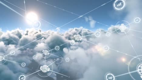 animación de redes de conexiones con iconos en el cielo