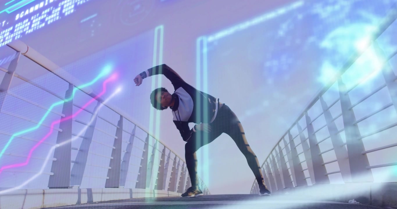 Man starting side stretch on bridge, shifting preparing fitness run while AR neon bars overlaying