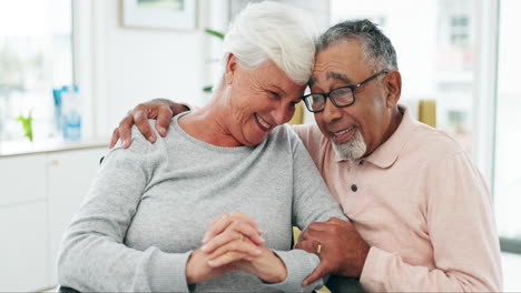 senior couple, hug and support in retirement home