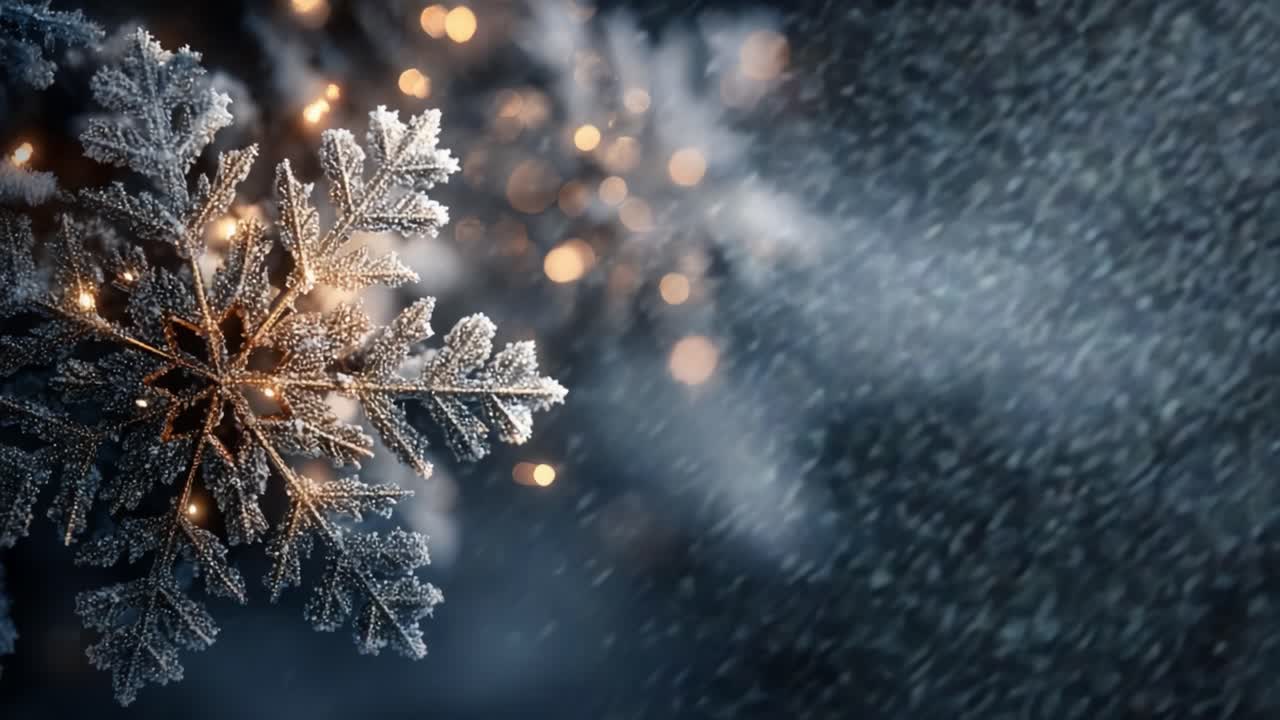 Captivating Winter Wonderland: Stunning Close-Up of Frosty Snowflakes Adorned with Twinkling Lights in a Magical Snowy Scene