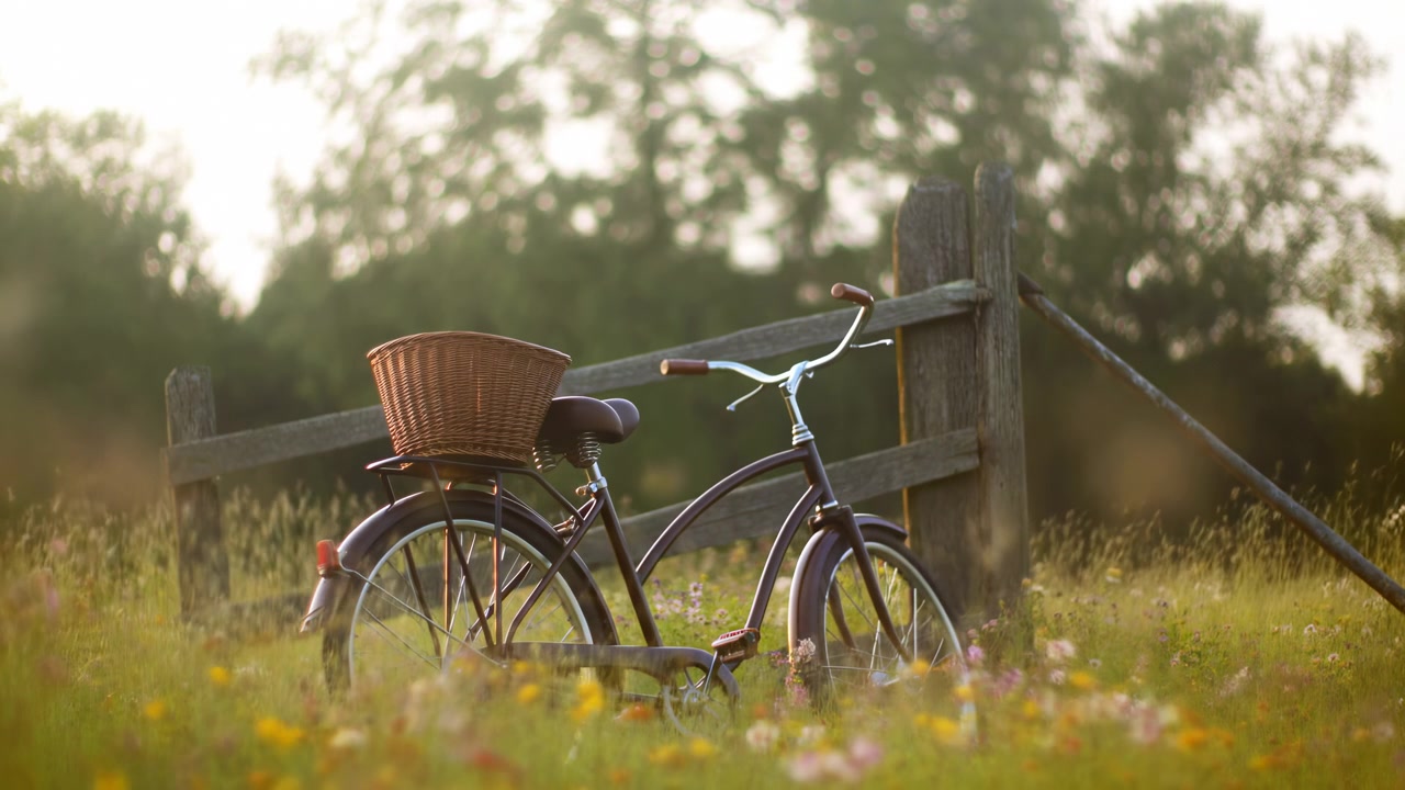 Bicyclette vintage avec panier en osier tressé et selle en cuir, reposant près d'une clôture en bois vieillie dans une prairie lumineuse de fleurs sauvages à l'heure dorée, créant une scène rurale nostalgique baignée de lumière douce