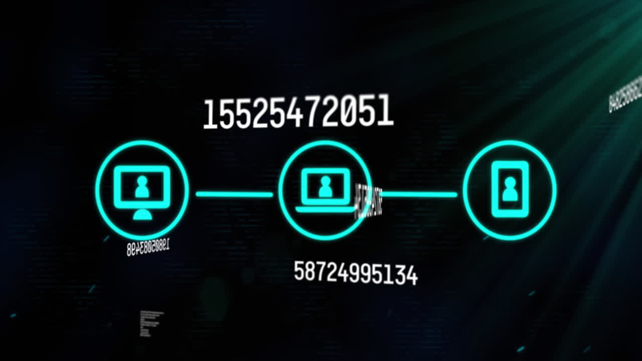 animación de tres iconos de interfaz digital, procesamiento de datos y números que cambian