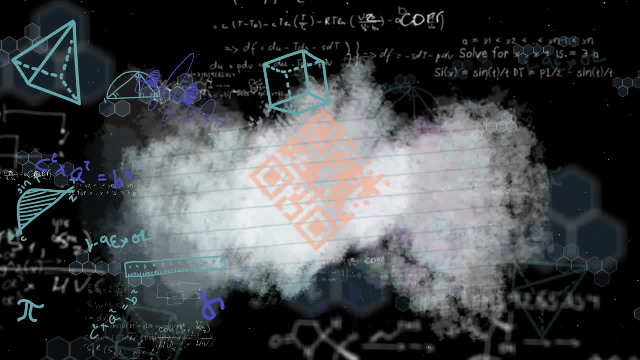 여러 모양과 수학적 방정식이 떠있는 종이 한 장에 떠있는 루프 된 qr 코드