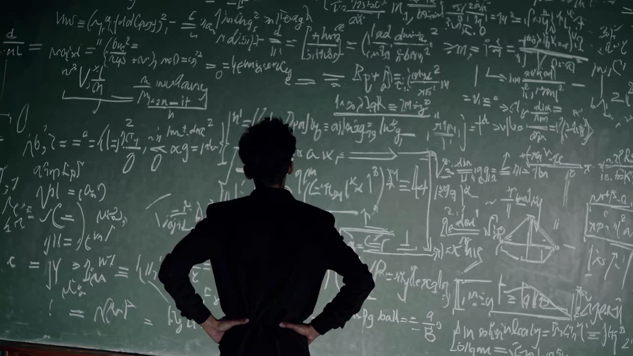 A man in silhouette studies a chalkboard filled with complex equations